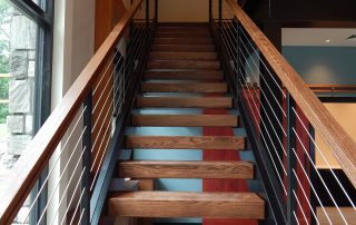 An interior wooden staircase