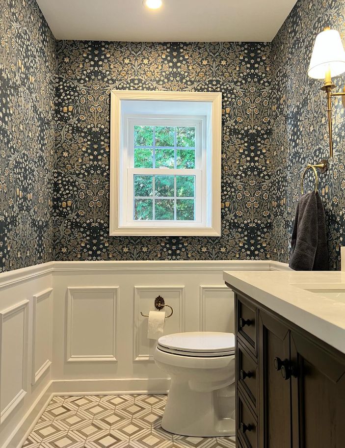renovated bathroom with wallpaper